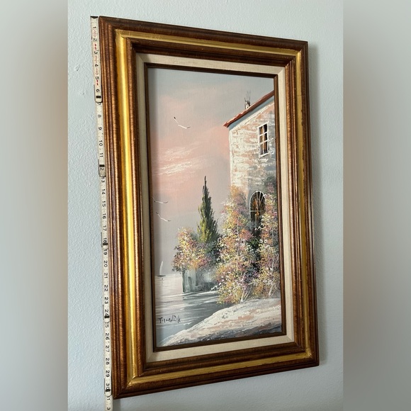 Vtg Oceanside Villa Pastel Floral Oil Painting On Canvas Signed Wood Frame - Picture 5 of 8